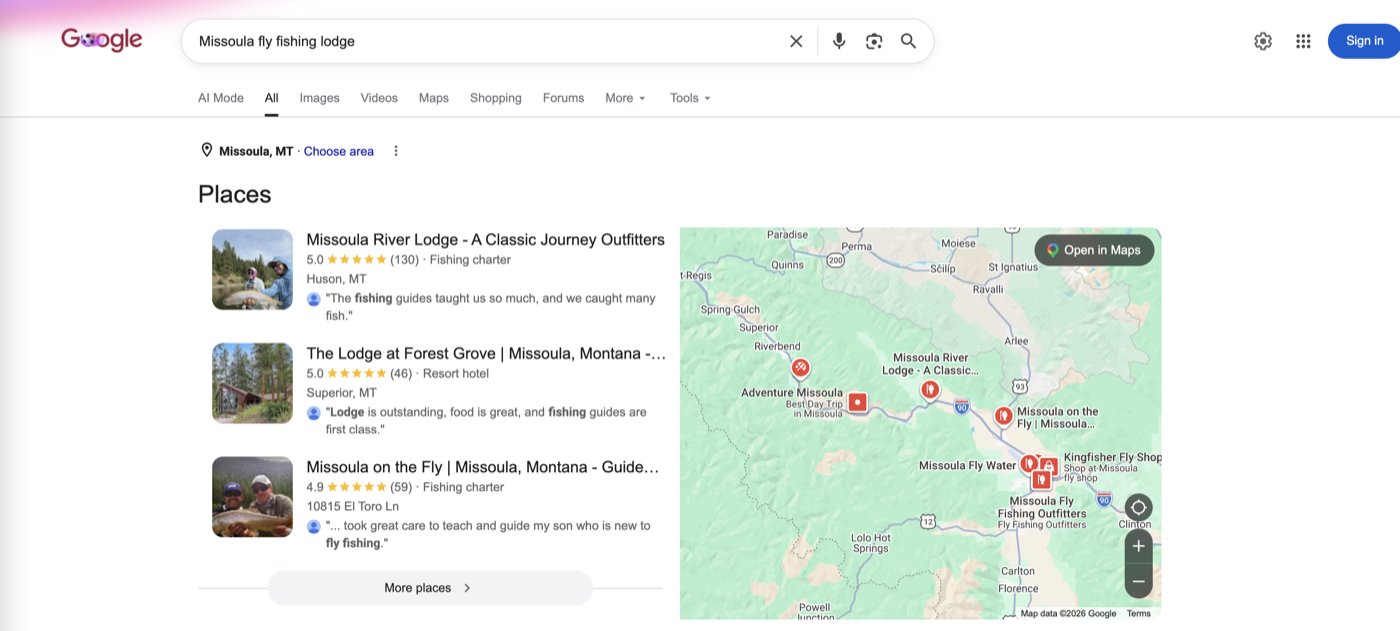 Google search results for Missoula fly fishing lodge showing The Lodge at Forest Grove ranking #2 in the Maps pack